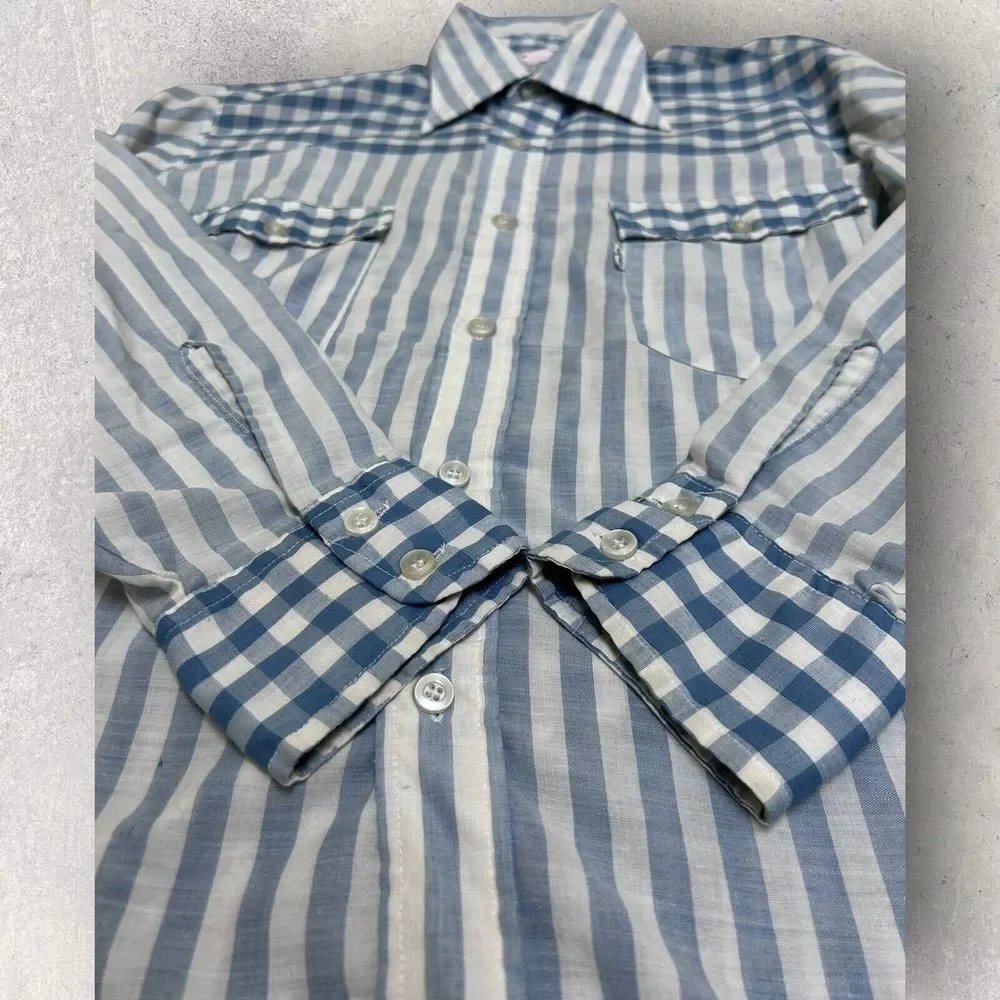 RARE Vtg 70s Levis Western Stripe Button Up Shirt Blue Size L White Tab USA Made